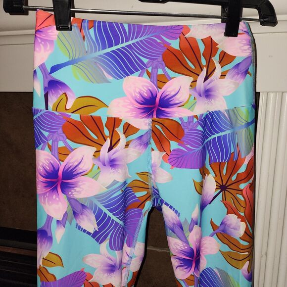 FUSED HAWAII SzM Pink Blue Floral Tropical Paradise Beach Hibiscus Yoga Leggings - Picture 2 of 6